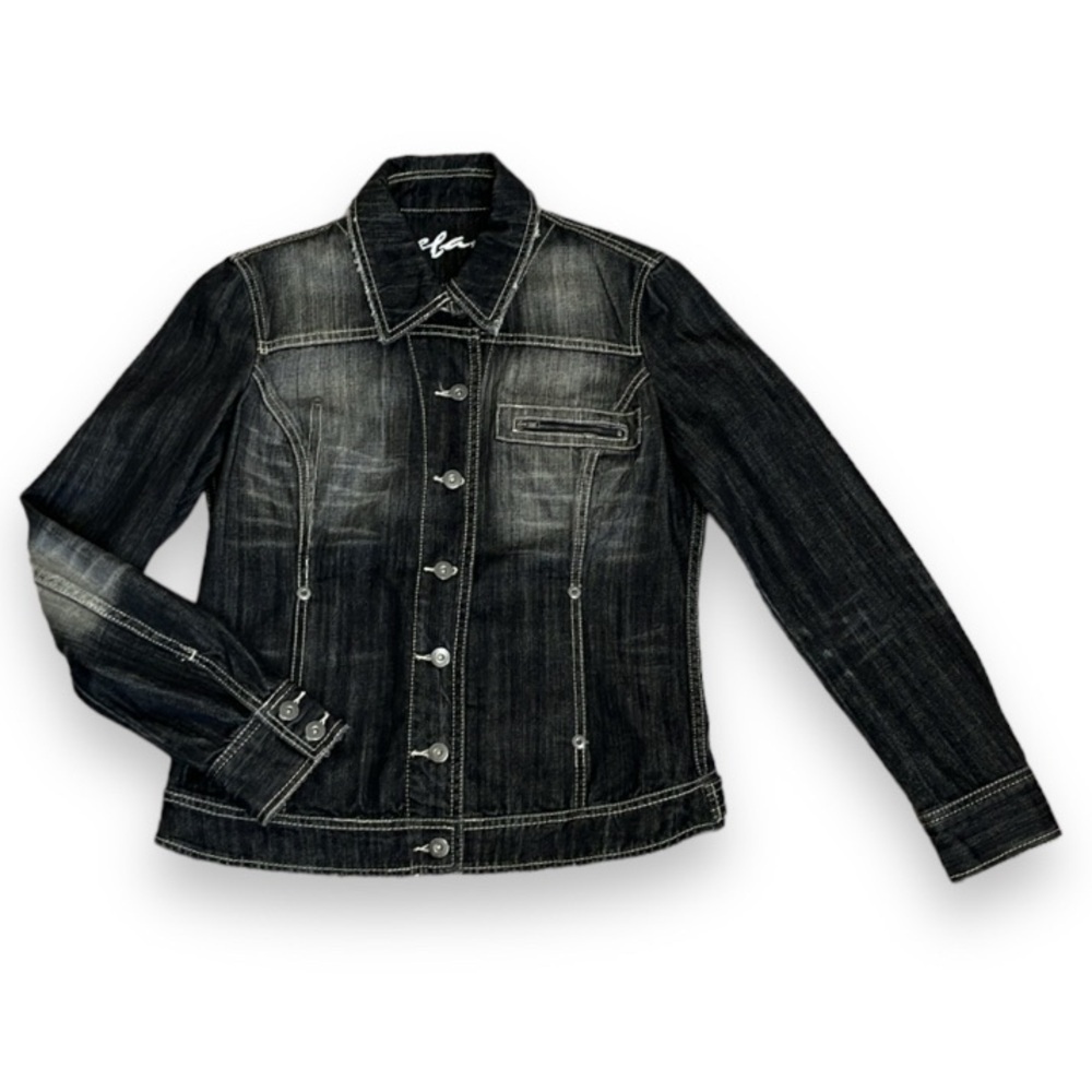 Stefanel Womens Black Demin Jean Jacket Size 10 Large Distressed Punk Goth Rock